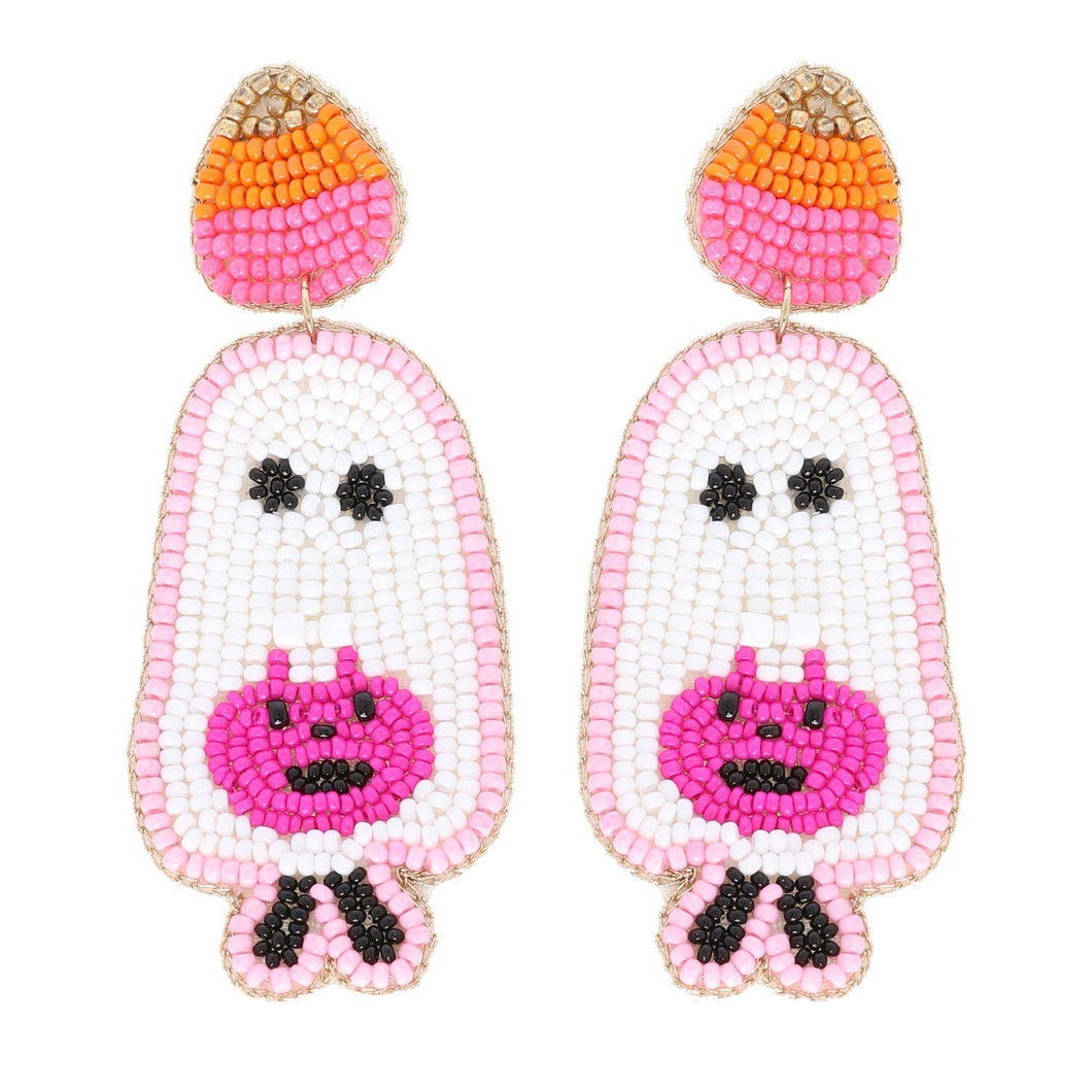 Trick or Treat Ghost Beaded Dangle Earrings: Pink