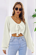 Load image into Gallery viewer, Bow V-Neck Long Sleeve Cropped Sweater