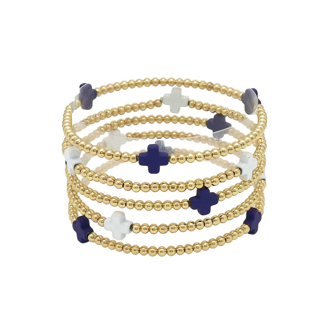 Gold Beaded with Blue and White Cross set of5 stretch bracelets