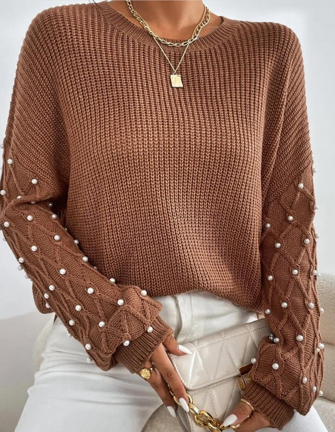 *Sale* Pearl Sleeve Round Neck Sweater