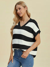 Load image into Gallery viewer, Double Take Full Size Striped V-Neck Short Sleeve Sweater