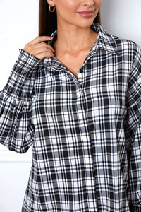 Plaid Button Up Lantern Sleeve Shirt