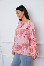 Load image into Gallery viewer, Floral Smocked Tassel Tie Balloon Sleeve Blouse