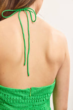 Load image into Gallery viewer, RUFFLE TIERED CROCHET HALTER DRESS: KELLY GREEN / M