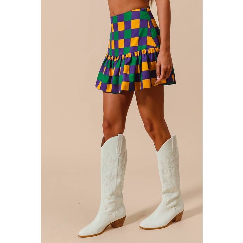 MARDI GRAS COLOR CHECKER MINI BALLOON SKIRT: PURPLE/MUSTARD/GREEN