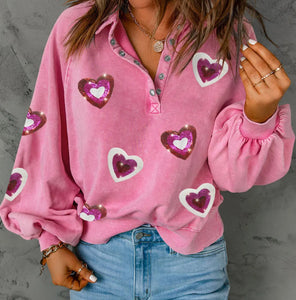 Heart Sequin Half Snap Mineral Wash Sweatshirt