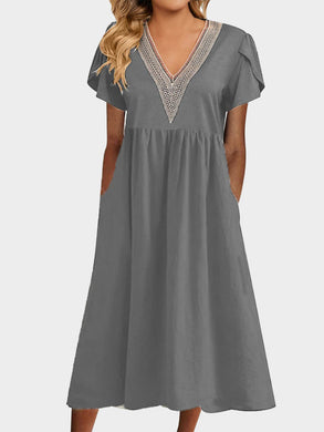 Full Size Lace Detail V-Neck Short Sleeve Dress