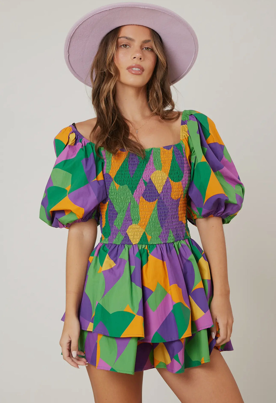 Mardi Gras Geo Print Smocked Romper