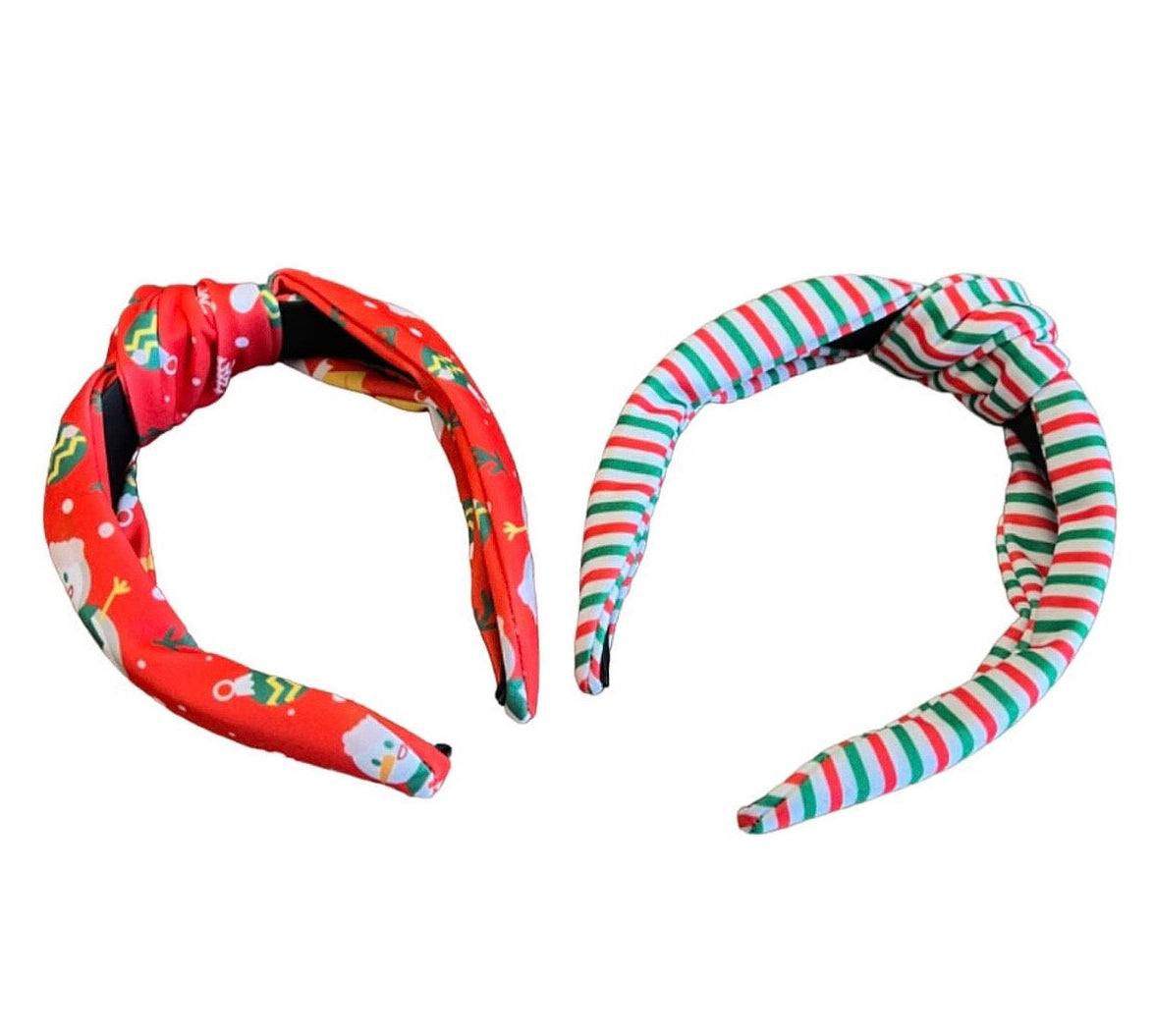 Two Christmas-themed fabric headbands displayed side-by-side on a white background, with a social media post caption below them. The left headband features a red background with a festive pattern of Santa Claus, snowman, and green pine trees.