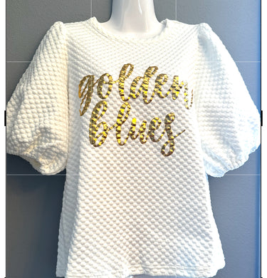 Golden Blues quilted white puff sleeve shirt