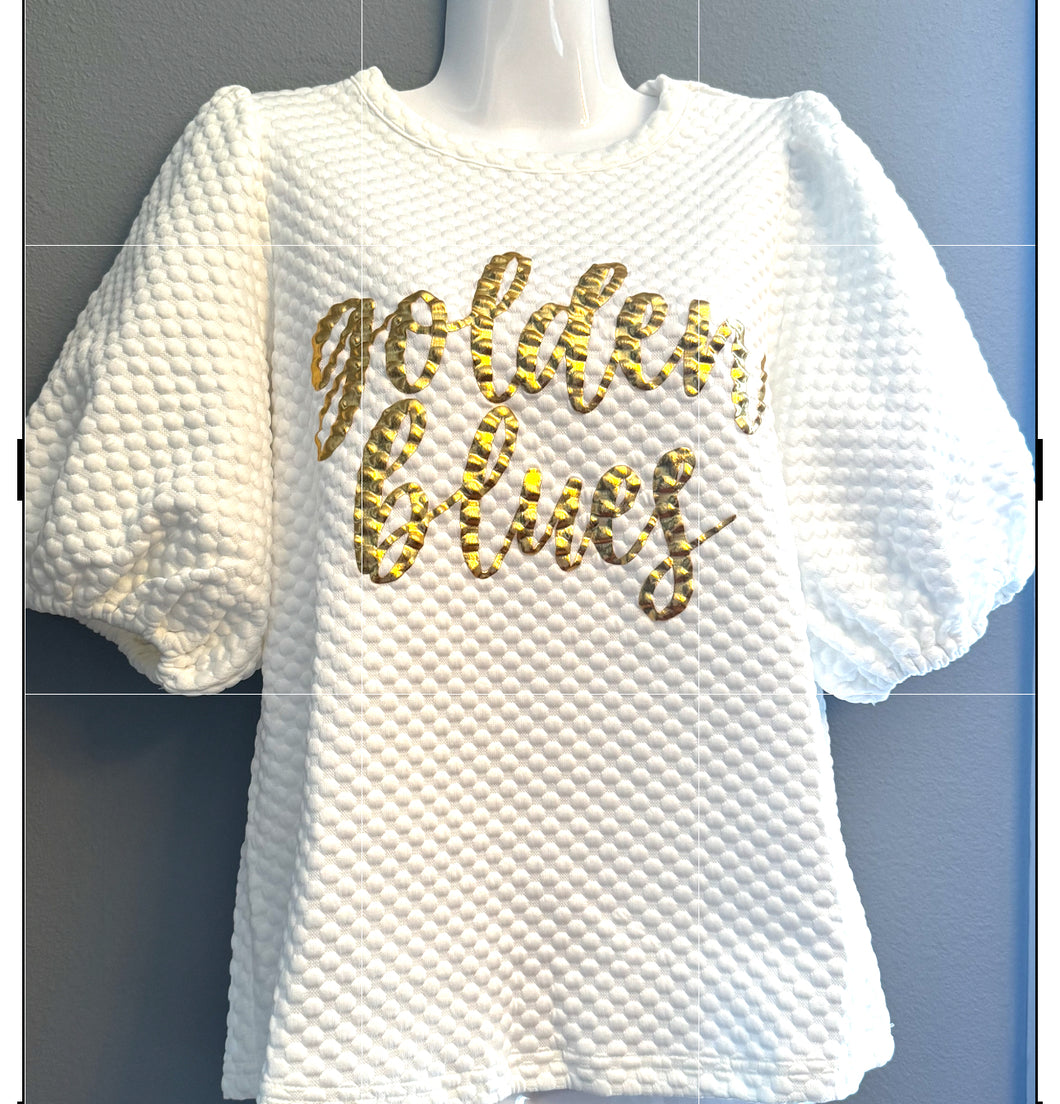 Golden Blues quilted white puff sleeve shirt