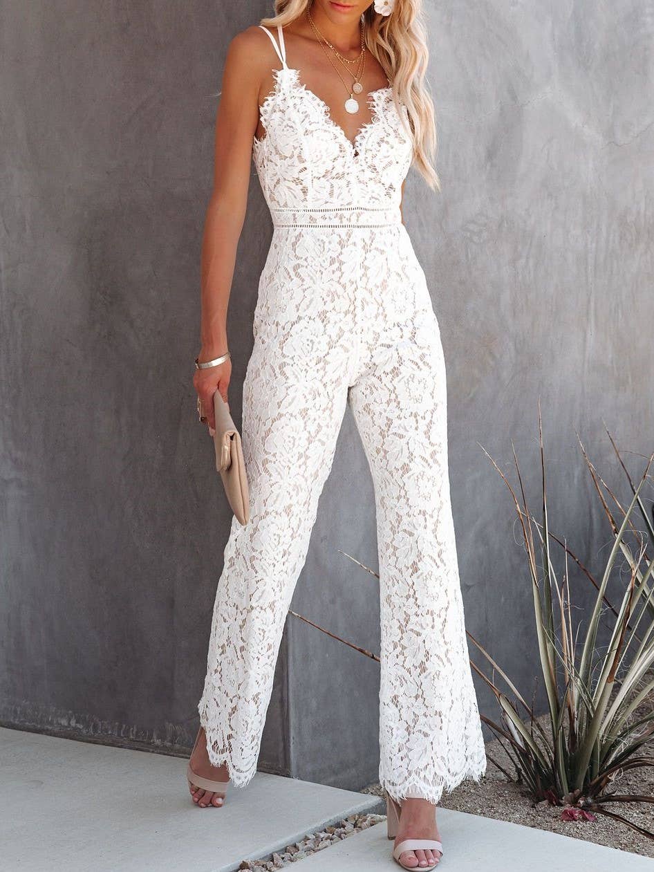 Lace Mid-Rise Casual Smooth Lined Jumpsuit: White / M
