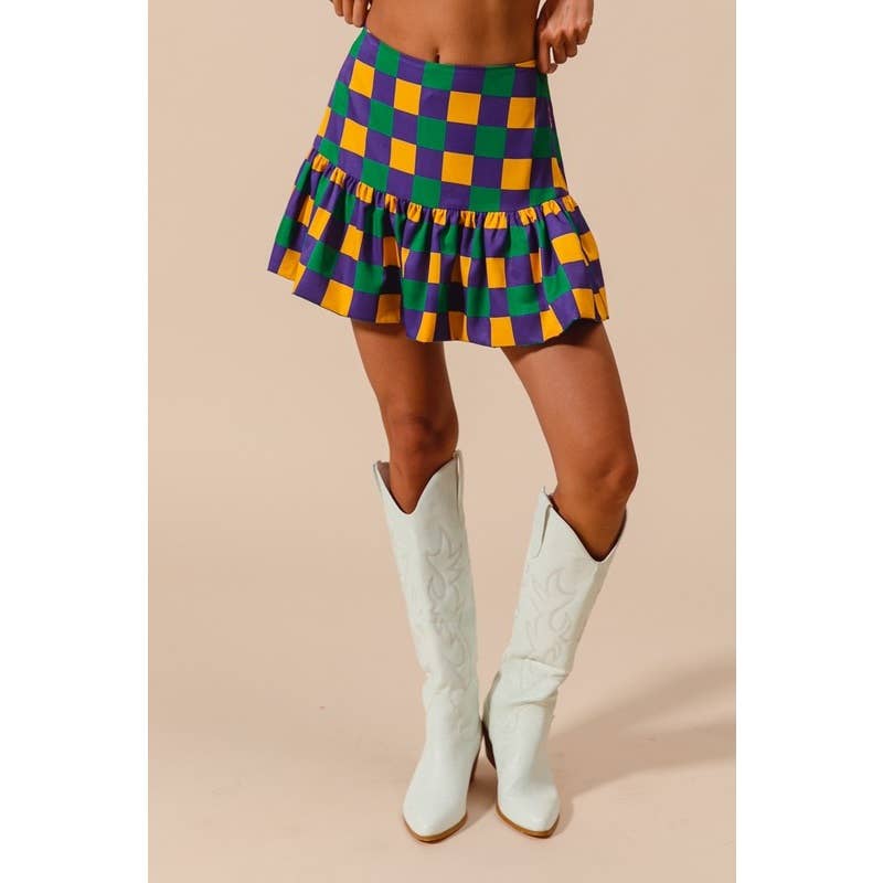 MARDI GRAS COLOR CHECKER MINI BALLOON SKIRT: PURPLE/MUSTARD/GREEN