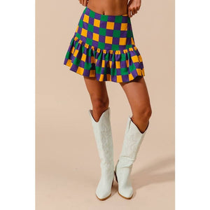 MARDI GRAS COLOR CHECKER MINI BALLOON SKIRT: PURPLE/MUSTARD/GREEN / S-M-L-XL(2-2-2-1)