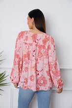 Load image into Gallery viewer, Floral Smocked Tassel Tie Balloon Sleeve Blouse