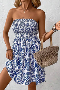 BLUE PRINTED TUBE TOP DRESS: BLUE / (S) 1