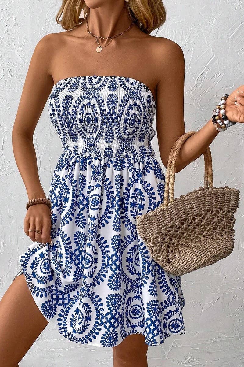 *SALE* BLUE PRINTED TUBE TOP DRESS: BLUE
