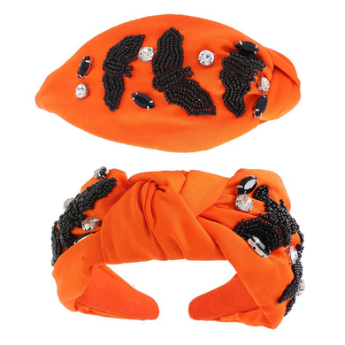 Beaded Bats & Jeweled Halloween Knotted Headband: Orange