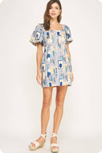 Load image into Gallery viewer, Piping Contrast Vase Print Mini Dress: Blue Multi/off-white / M