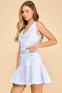 CD05477-Pinstripe Sleeveless Ruffle Hem Belted Dress: BABY BLUE / M