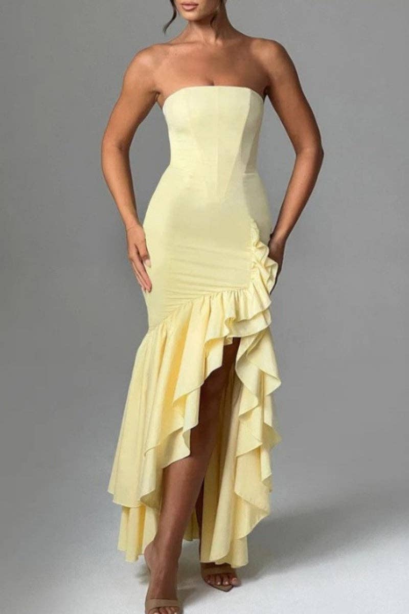 Sexy Print Solid Backless Strapless Irregular Dresses: Yellow / S