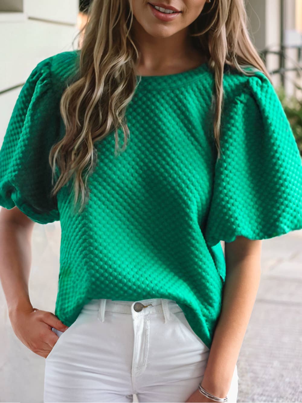 Solid Textured O Neck Puff Sleeve Blouse | 2 Colors: