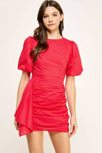 Load image into Gallery viewer, Ruched Short Puff Sleeve Voile Mini Dress: Burgundy / M