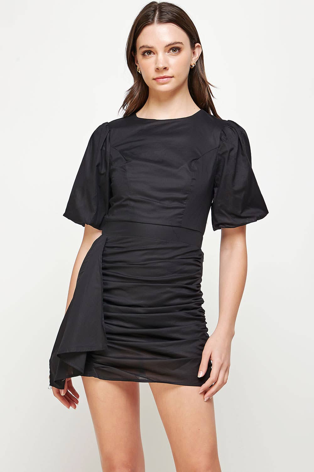 Ruched Short Puff Sleeve Voile Mini Dress. Rush