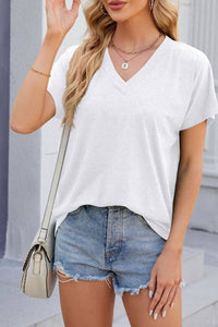 V-neck short sleeve overfit basic white t-shirt tee top: Navy / S