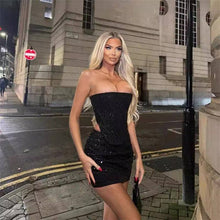 Load image into Gallery viewer, Fashionable Denim Ripped Sequin Mini Skirt Bandeau Set
