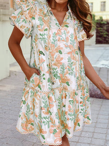Floral Contrast Edge Short Sleeve Tied Neck Mini Dress: Pink / M