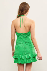 RUFFLE TIERED CROCHET HALTER DRESS: KELLY GREEN / S