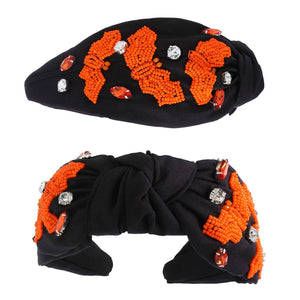 Beaded Bats & Jeweled Halloween Knotted Headband: Orange