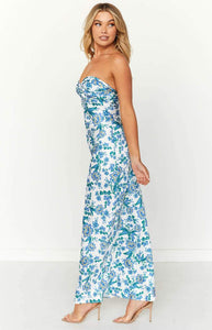 Lorna Printed Knotted Tube Maxi Dress: Blue / L