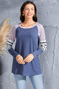 Striped Round Neck Raglan Sleeve T-Shirt