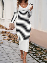 Load image into Gallery viewer, Devine Striped V-Neck Long Sleeve Sweater Dress