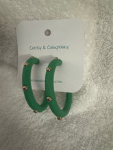 Load image into Gallery viewer, Green hoop gold ball earrings