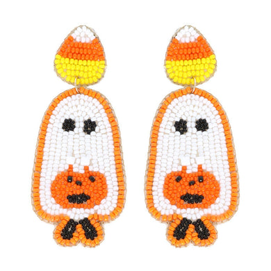 Trick or Treat Ghost Beaded Dangle Earrings: Orange