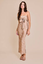 Load image into Gallery viewer, Strapless Front Tie Bias Cut Dress: Khaki-blush Abstract / L