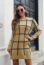 Load image into Gallery viewer, Plaid Round Neck Long Sleeve Sweater Dress