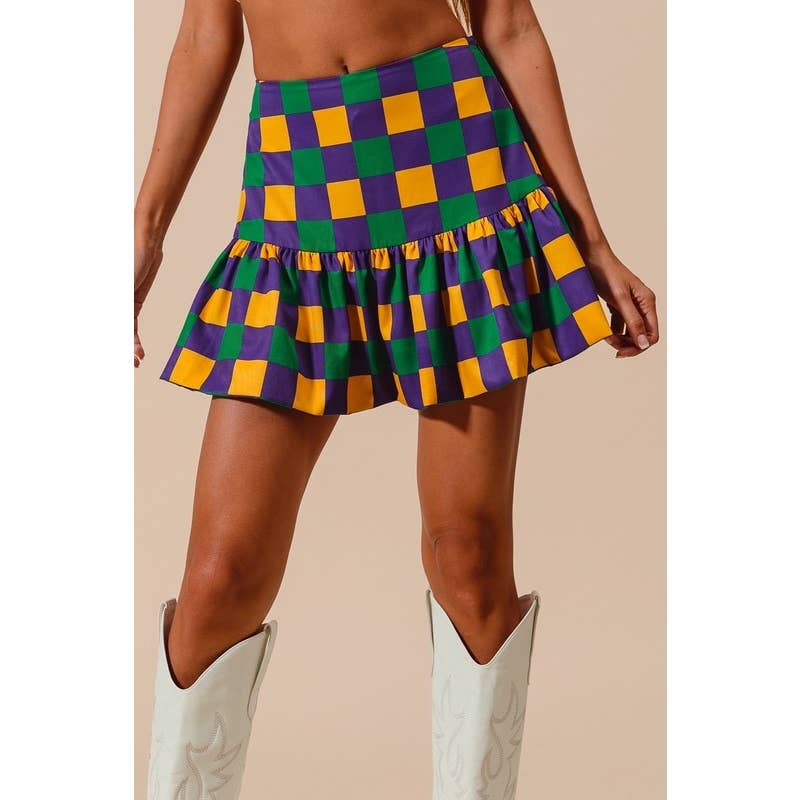 MARDI GRAS COLOR CHECKER MINI BALLOON SKIRT: PURPLE/MUSTARD/GREEN