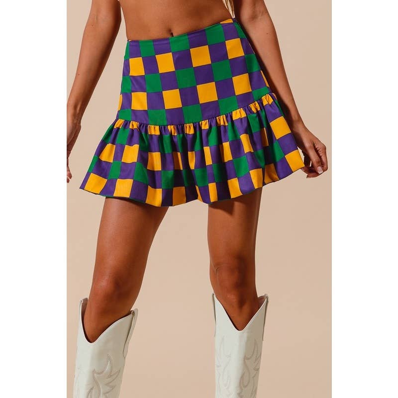 MARDI GRAS COLOR CHECKER MINI BALLOON SKIRT: PURPLE/MUSTARD/GREEN / S-M-L-XL(2-2-2-1)