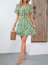 Load image into Gallery viewer, Tied Printed V-Neck Flounce Sleeve Mini Dress