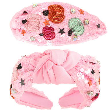 Halloween Pumpkin Jeweled Top Knotted Headband : Pink