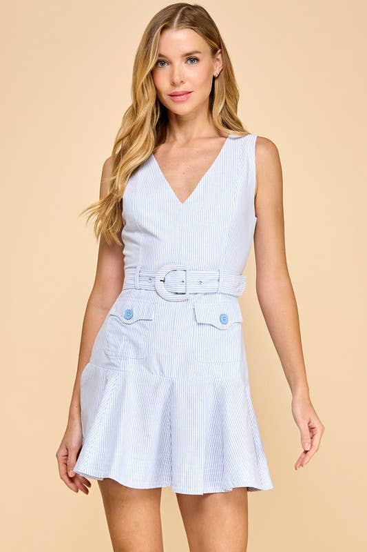 CD05477-Pinstripe Sleeveless Ruffle Hem Belted Dress: BABY BLUE / L