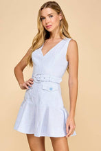Load image into Gallery viewer, CD05477-Pinstripe Sleeveless Ruffle Hem Belted Dress: BABY BLUE / M
