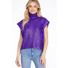 Load image into Gallery viewer, Metallic Foil Short Sleeve Sweater Top: PURPLE