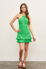 Load image into Gallery viewer, RUFFLE TIERED CROCHET HALTER DRESS: KELLY GREEN / M