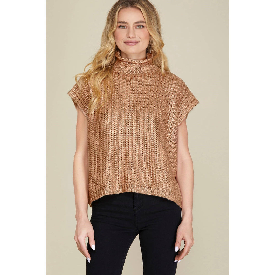 Metallic Foil Short Sleeve Sweater Top