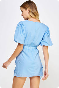 Ruched Short Puff Sleeve Voile Mini Dress: Burgundy / M